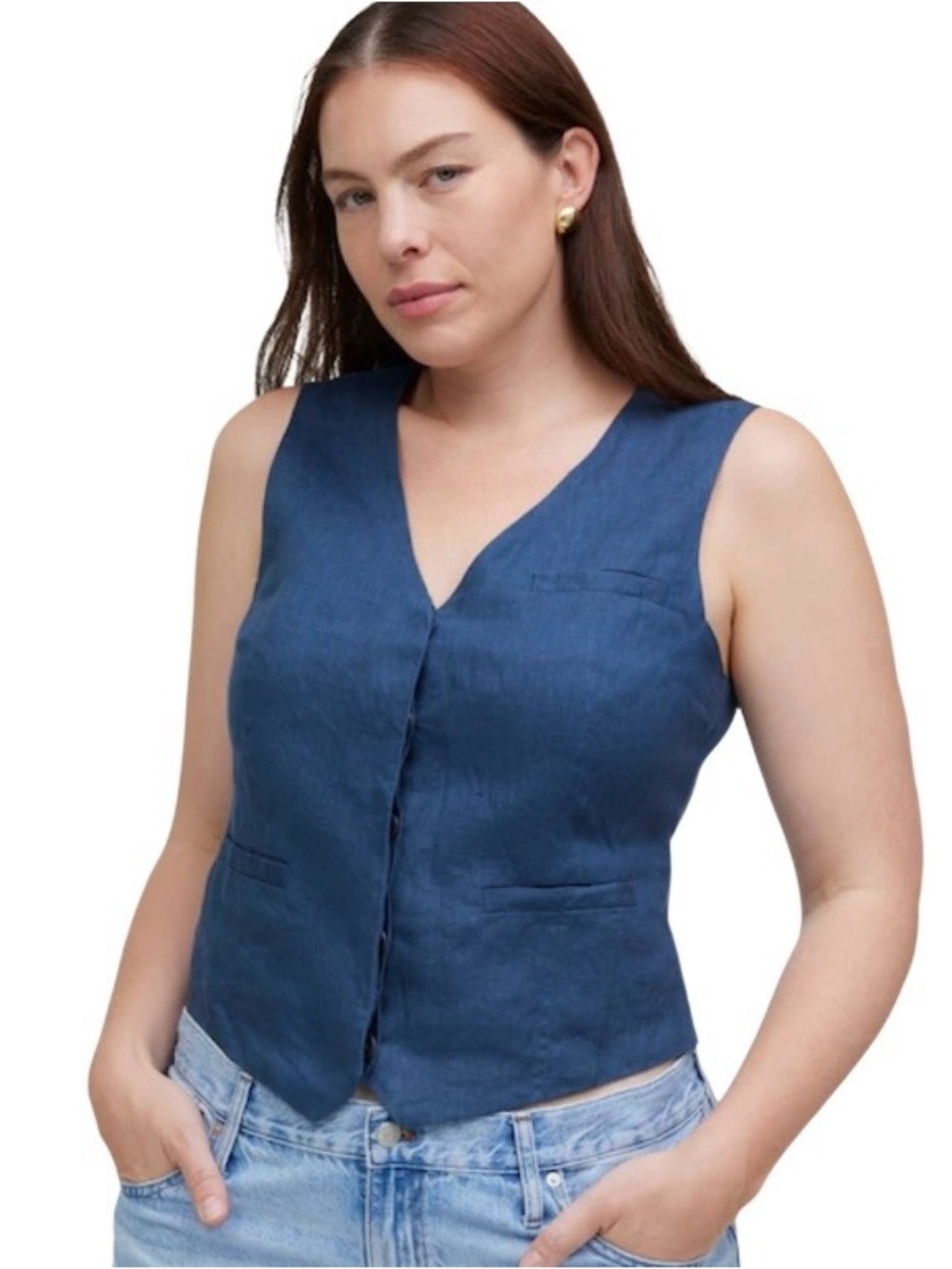 Madewell Single-Breasted Blue Vest in 100% Linen Welt Pockets Button Down Sz 12